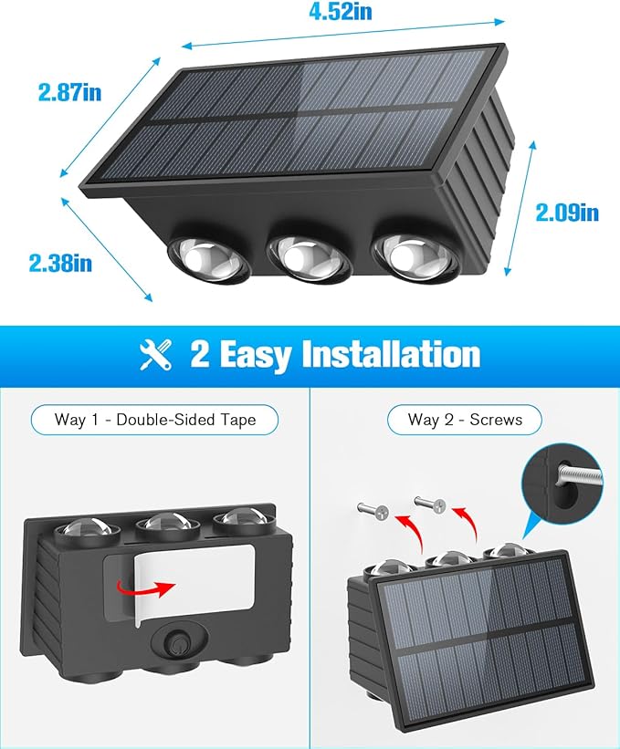 VOLISUN Solar Fence Lights 6 Pack, Color Glow LED Up and Down Wall Lamp, IP65 Waterproof Solar Lights Outdoor for Patio, Backyard, Railing, Deck, Fence and Wall(6 Lenses)