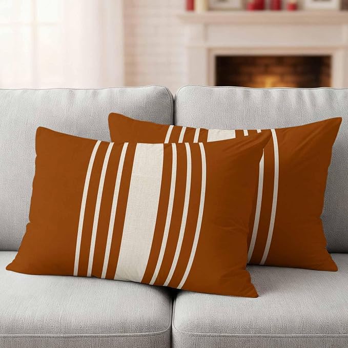 Burnt Orange Beige Striped Outdoor Pillow Covers 20x12 Inch Lumbar Pillow Covers Set of 2 Waterproof Decorative Throw Pillow Cases Modern Farmhouse Retro Lines Cushion Covers for Patio Furniture