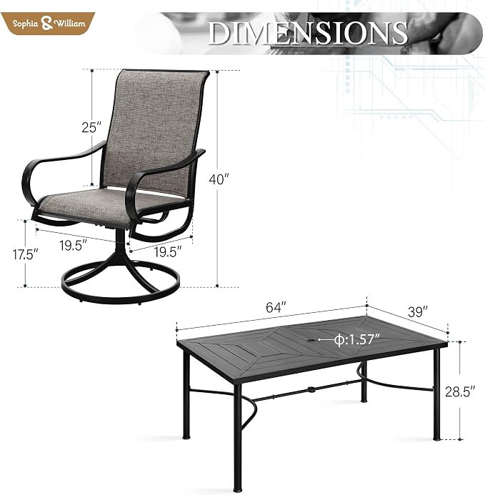Sophia & William Outdoor Dining Set Patio Dining Set for 6 Outdoor Table and Chairs 7 Pieces Outdoor Patio Set with Swivel Patio Chairs 64" Metal Table for Garden Pool All Weather Brown