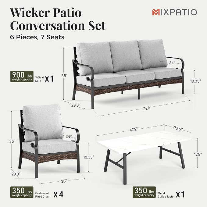 MIXPATIO Patio Furniture Set with Coffee Table, Outdoor Conversation Set with 4 x Fixed Chairs, 1 x 3-Seat Sofa for Lawn Garden Backyard, Light Grey