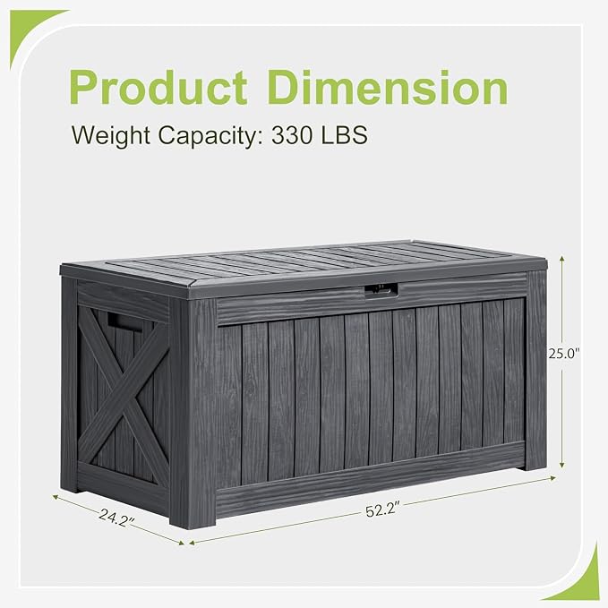 Greesum 120 Gallon Deck Box, Resin Outdoor Storage Container for Patio Furniture, Garden Tools, Pool Accessories, Weatherproof, Lockable, Gray