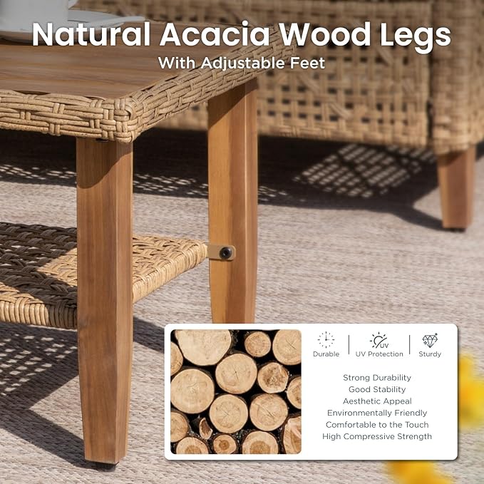 PHI VILLA Wicker Patio Furniture Set, Rattan Patio Sectional Sofa Outdoor Couch Set with Acacia Wood Coffee Table, 7 Pieces U-Shaped Patio Conversation Set for Backyard Porch, Beige Cushion