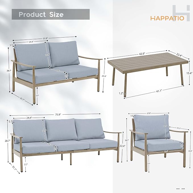 HAPPATIO Outdoor Furniture Set - 5 Piece Aluminum Patio Conversation Set with 1 Coffee Table, 2 Armchairs, Loveseat and 3-Seat Sofa, Aluminum Patio Furniture Set for Backyard Deck Poolside (Brown)