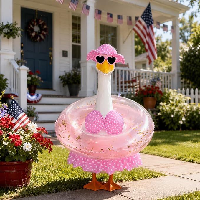 Hawaiian Swimsuit Bikini Goose Outfit, 23-inch Porch Goose Summer Costume with Swim Ring, Sunglasses & Hat, Summer Yard Decorations