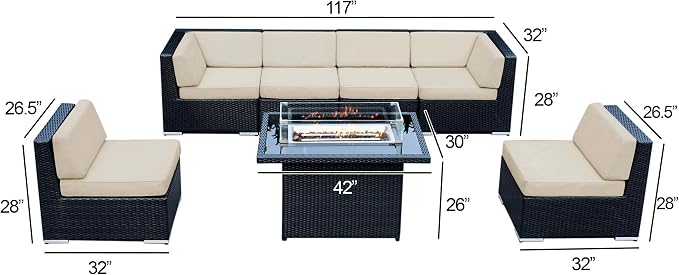 7 Piece Outdoor Patio Furniture Black Wicker Conversation Set with Fully Assembled Sectional and 42-inch Propane Gas Fire Table