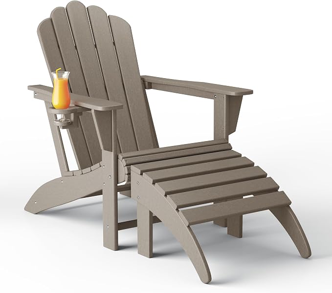Costaelm Lakeview 2-Piece Outdoor Patio HDPE Adirondack Chair with Ottoman and Cup Holder Set, Weathered Wood