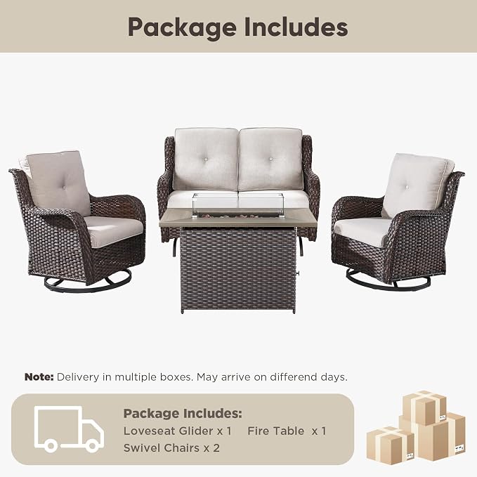 Belord 4 Piece Patio Wicker Furniture Set, Outdoor Swivel Rocker Chairs, All Weather Outdoor Patio Loveseat Set with Fire Pit Table for Deck Porch, Brown Wicker/Beige