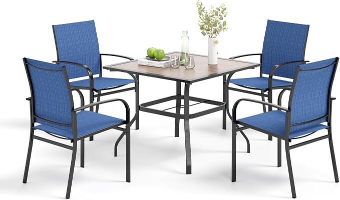 MIXPATIO 5 Pieces Patio Table and Chairs Set, 4 Person Outdoor Dining Furniture Set, 4 Blue Textilene Chairs and 37" Wood-Like Table Top Table with Umbrella Hole, for Deck Backyard Lawn