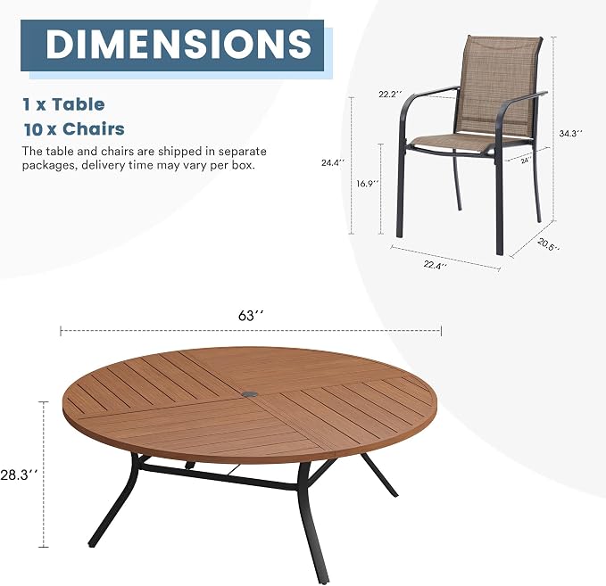 DIFY 11 Pieces Outdoor Patio Dining Set for 10, 63" Walnut Round Metal Patio Table and 10 Brown Stackable Textilene Patio Chairs, Outdoor Table and Chairs for Backyard Garden Poolside