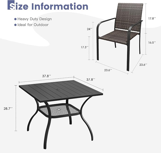 VICLLAX 5 Pieces Patio Dining Set, 4 Stakable Wicker Outdoor Chairs and Patio Square Metal Table with Umbrella Hole for Backyard Lawn Deck, Black Tabletop