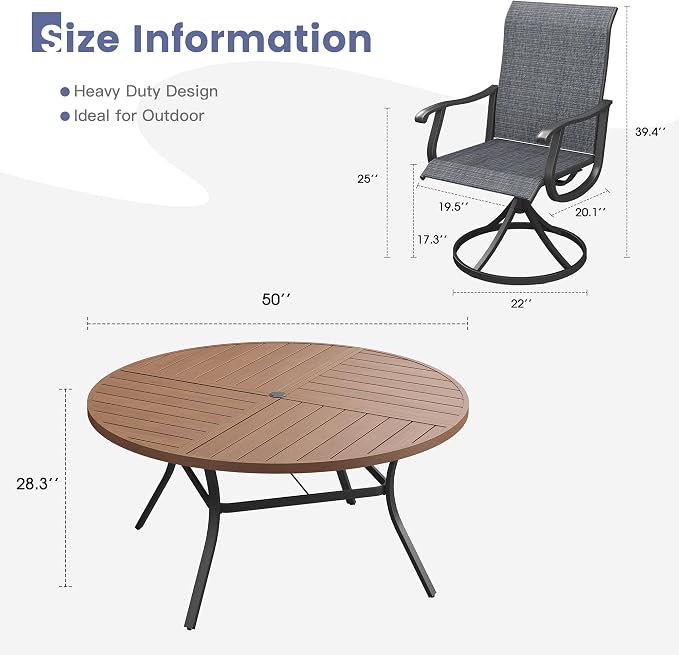 VICLLAX 7 Pieces Patio Dining Set, Patio Furniture Set of 6 Patio Swivel Dining Chairs and 50" Patio Spliced Round Tabletop, Dark Charcoal Chairs & Walnut Tabletop