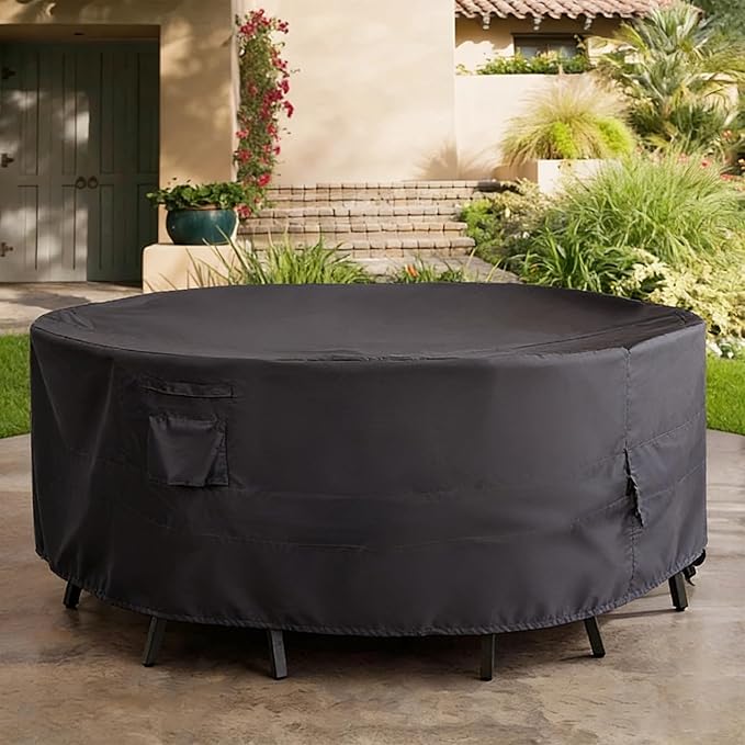 Round Patio Furniture Cover, Heavy Duty and Waterproof for Outdoor Furniture covers, Round outdoor table cover, Patio table cover 110"DIA x 31"H Black
