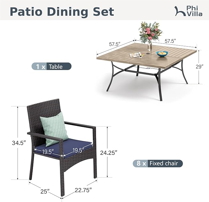 PHI VILLA 9 Pieces Outdoor Dining Set for 8, 57” Wood-Like Large Square Metal Steel Dining Table & Rattan Wicker Chairs with Cushions, Dining Furniture Set for Patio, Deck, Yard, Porch