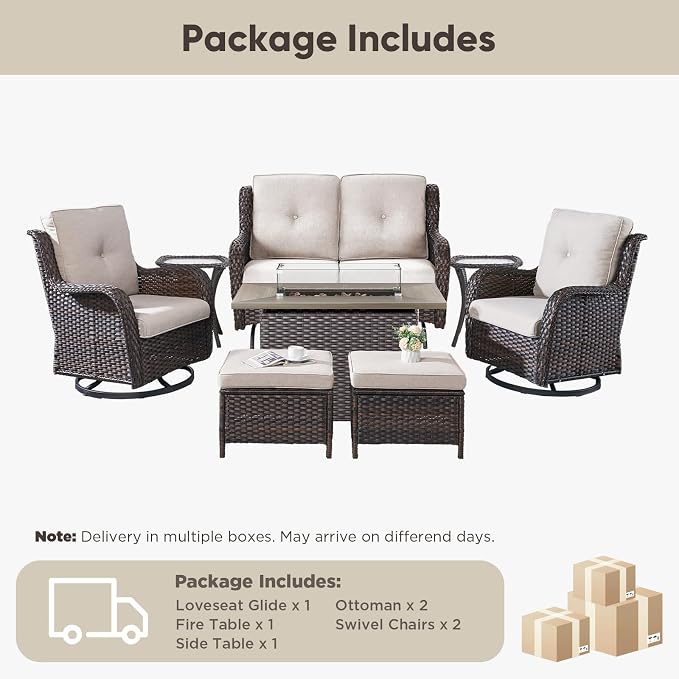 Belord Patio Furniture Set with Fire Pit Table,8 Piece Wicker Outdoor Furniture Set, Swivel Rocker Chairs with Ottomans and Loveseat, All Weather Patio Conversation Set, Pool,Yard, Brown Wicker/Beige
