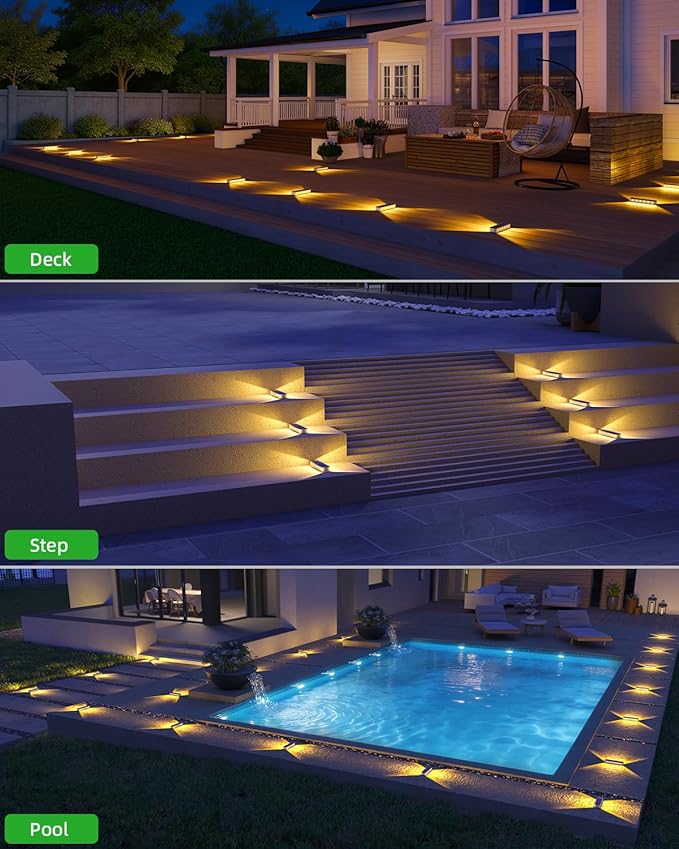 DetarZinLED Solar Step Lights for Outside 4 Pack, 12 LEDs 2-Sided Illumination Solar Stair Lights Outdoor IP68 Waterproof,Auto On/Off Deck Lights Solar Powered for Patio,Yard,Path,Walkway (Warm White)