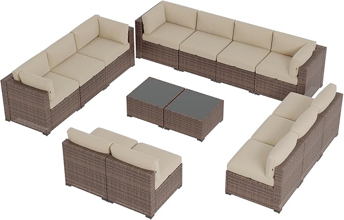 Aoxun Patio Furniture Sets, 14-Piece Outdoor Patio Furniture with 44'' Propane Gas Firepit Table, Wicker Outdoor Conversation Set Sectional Sofa for Backyard, Poolside, Garden