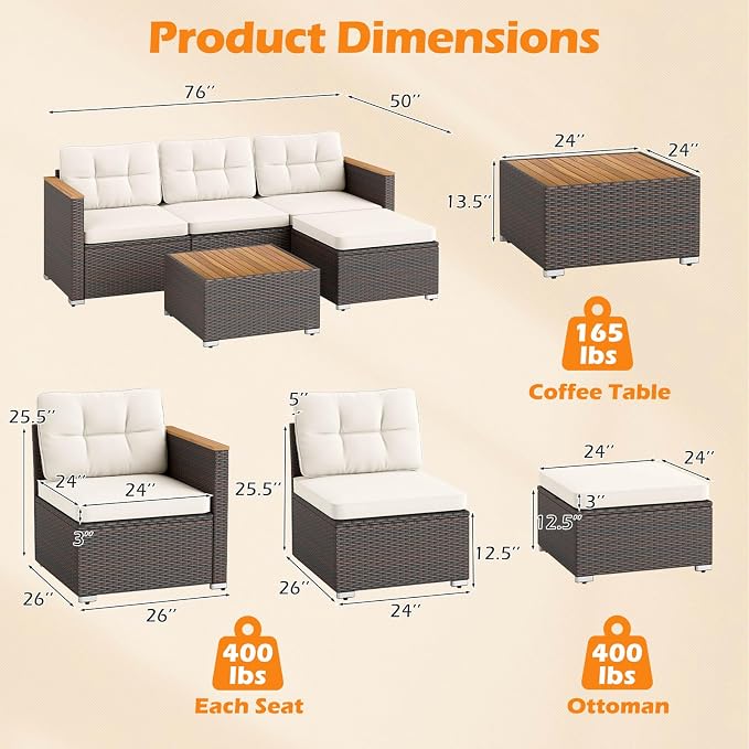 Tangkula 5 Pieces Outdoor Patio Furniture Set, L Shaped Rattan Cushioned Chairs & Coffee Table Set, Outdoor Sectional Conversation Sofa with Wood Armrests & Tabletop for Backyard, Porch, Balcony