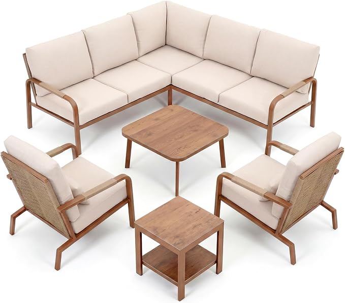 5-Piece Aluminum Patio Furniture Set, Outdoor L-Shaped Sectional Sofa with Coffee Table & Side Table, Patio 3-Piece Sofa Set, Thick Waterproof Cushions, Modern Outdoor Conversation Set, Beige