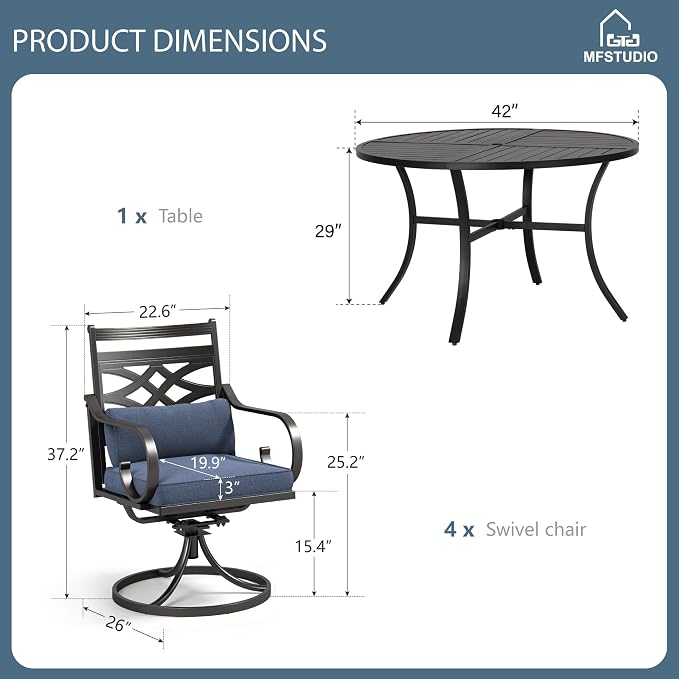 MFSTUDIO 5-Piece Patio Dining Set, 42" Round Metal Table, Swivel Chairs | Umbrella Hole, Blue