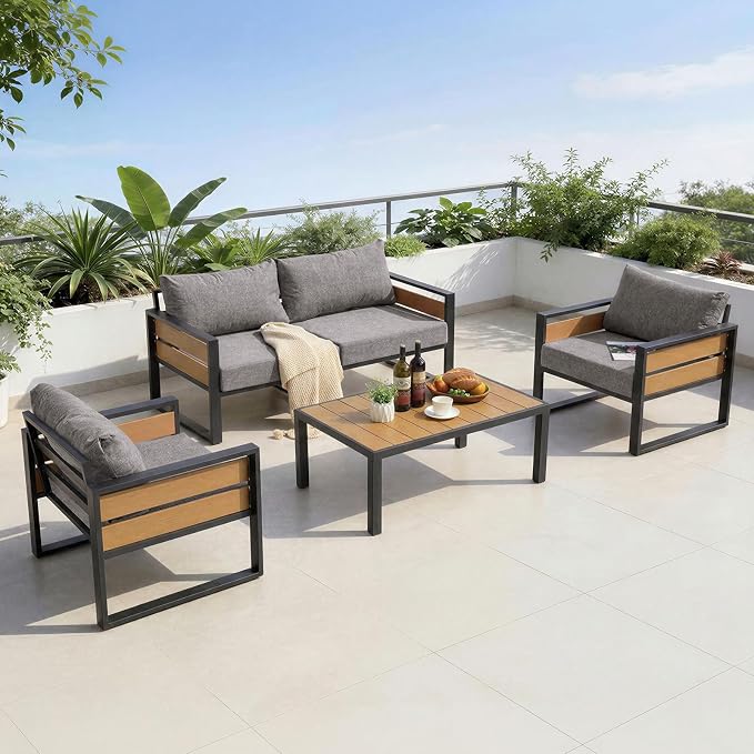 Furnimart Patio Furniture Set, 4-Piece Metal Outdoor Sectional, 4-Seat Patio Conversation Set with Deep Seating, Thick Cushions & Coffee Table for Backyard, Porch & Deck, Gray
