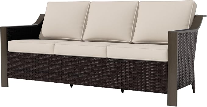 74 Inch Patio 3-Seater Sofa,PE Wicker Outdoor Lounge with Thick Removable Water-Resistant Cushions, Rust-Proof Steel Frame, 900LBS Capacity, Beige