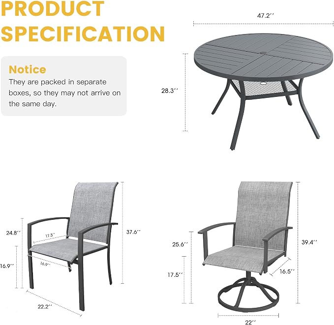 VICLLAX 7 Pieces Patio Dining Set for 6, 47.1" Round Outdoor Table and Chairs (4 Patio Fixed Chairs and 2 Swivel Chairs) for Deck Garden, Dark Grey