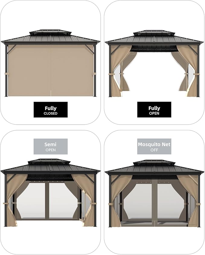 10' x 14' Hardtop Gazebo with Galvanized Steel Double Roof, Heavy Duty Outdoor Gazebo with Netting & Curtains for Patio, Backyard, Deck & Lawn