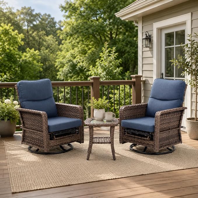 Yechen 3 Piece Outdoor Patio Wicker Chairs with Footrest and Adjustable Backrest, Furniture Set with 2 Swivel Chairs and Side Table, Thickened Seat Cushions for Porch Deck Backyard, Slate Blue