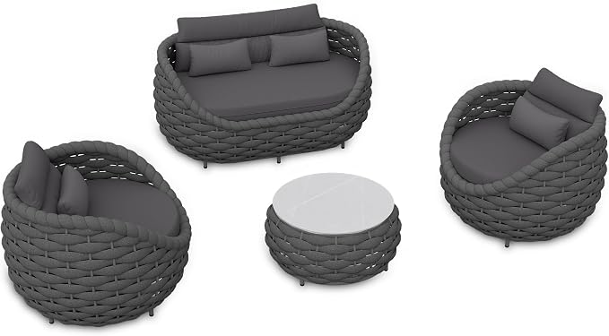 4 Pieces Outdoor Patio Furniture Set, All Weather Textilene Patio Conversation Set Patio Sofa and Loveseat Set with Table Cushions for Bistro Poolside Garden Backyard Hotel - Dark Gray