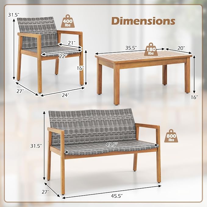 HAPPYGRILL 8-Piece Patio Furniture Set, PE Rattan Patio Bistro Set with Loveseat, Single Chairs & Coffee Table, Outdoor Acacia Wood Conversation Set for Garden, Backyard, Poolside & Porch