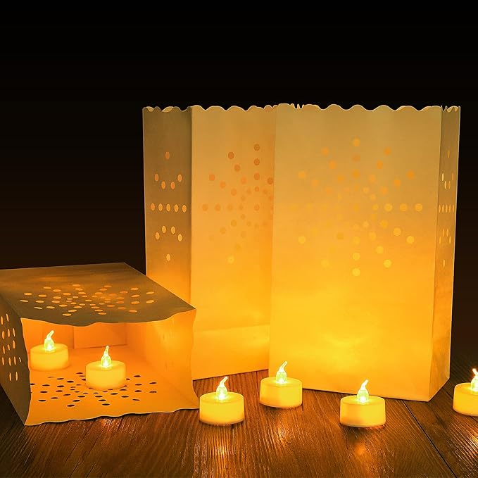 AceList 30 Set Luminaries Bag with Flameless Candles, Flickering LED Tea Lights with Paper Luminary Bags Battery Operation for Wedding Party,Halloween, Thanksgiving, Christmas Decoration(Sun)