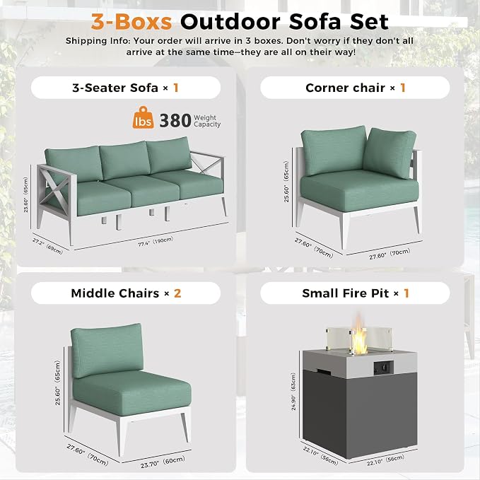 Aluminum Outdoor Patio Furniture Set with Fire Pit, 7-Piece Outdoor Sectional with 5.2" Thick Cushions,Patio Conversation Sets for Backyard,(White,6 Seats)