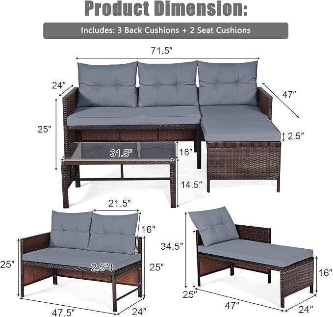 RELAX4LIFE 3-Piece Patio Furniture Set, Outdoor Wicker Sectional Sofa Set w/Washable Cushion, Tempered Glass Coffee Table, Rattan Conversation Set Outdoor Couch for Garden Backyard Deck (Grey)