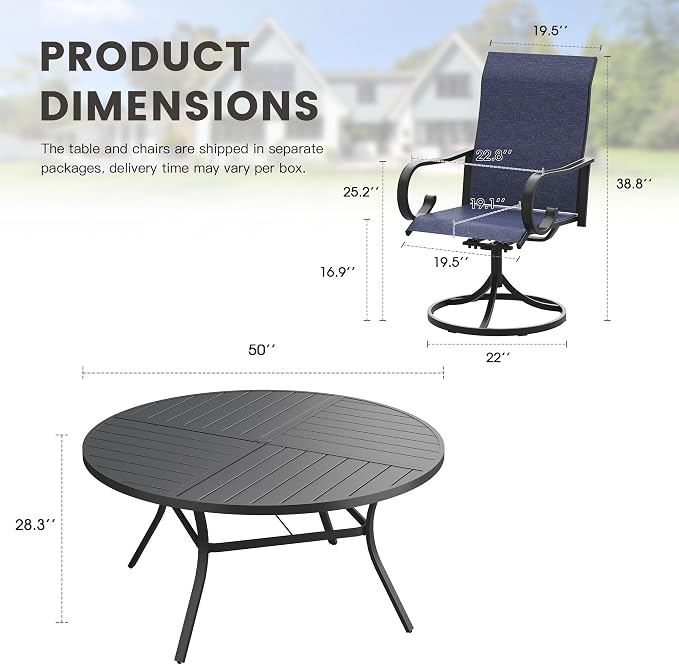 7 Pieces Patio Dining Set, 6 Outdoor Swivel Dining Chairs with 50.1" Round Metal Outdoor Dining Table with Umbrella Hole for Garden Backyard Deck, Dark Blue & Black