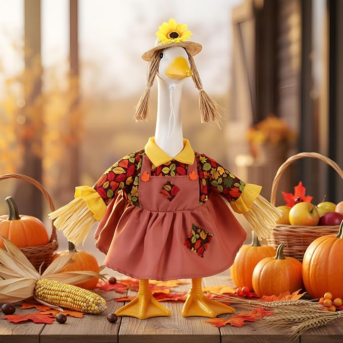 FuWeave Fall Porch Goose Outfit Maple Goose Costume Fancy Porch Geese Clothes with Wide Hat for 23" 17" Outdoor Patio
