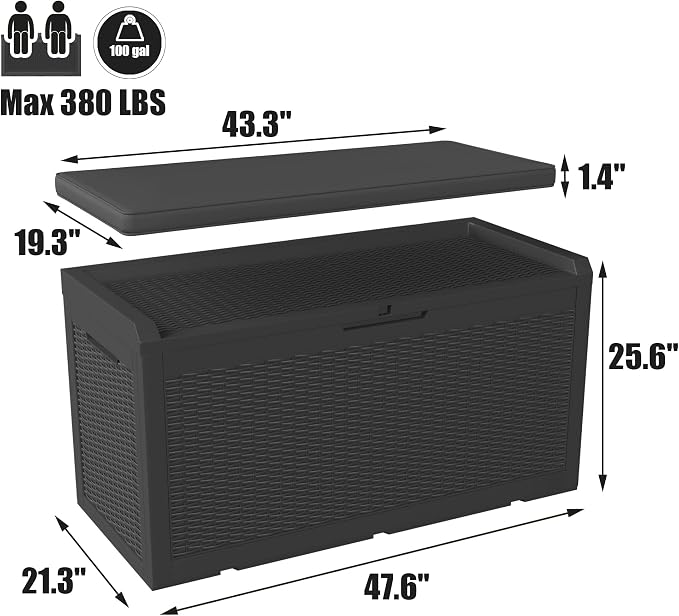 Greesum 100 Gallon Resin Deck Box Large Outdoor Storage for Patio Furniture, Garden Tools, Pool Supplies, Weatherproof and UV Resistant, Lockable, Black