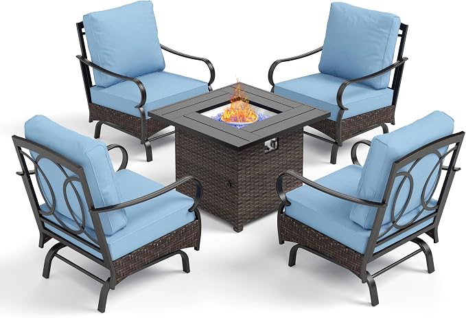 Patio Furniture Set with 32" Fire Pit Table, Patio Conversation Sets 4 Rocking Chairs with Thick Cushion and 50000 BTU Fire Pit Table (5 Pieces,Blue