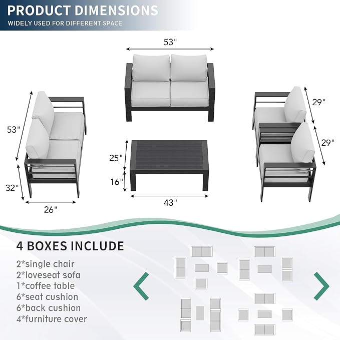 Amopatio Aluminum Patio Furniture Set, 7 Pieces Modern Patio Conversation Sets, Outdoor Sectional Metal Sofa with Coffee Table for Balcony, Garden, Dark Grey&Light Grey (Included Waterproof Covers)