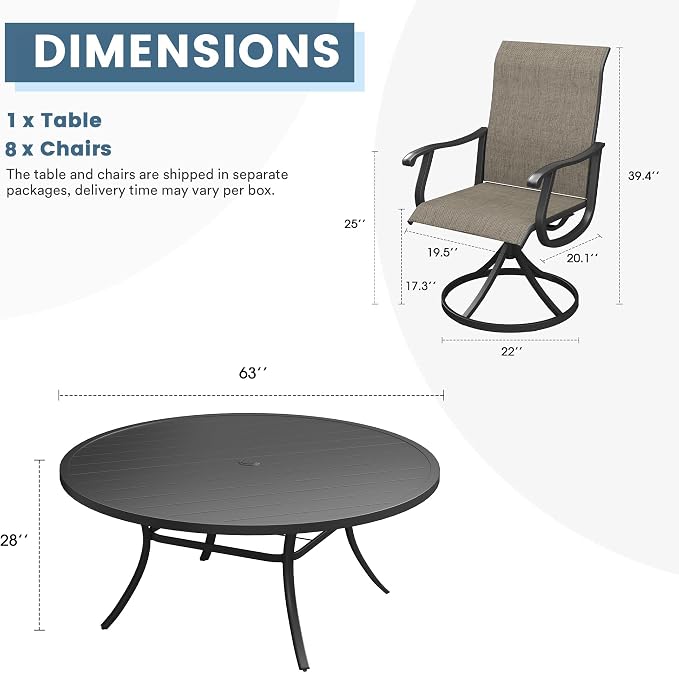 DIFY Outdoor Dining Set for 8, 9 Piece Patio Table and Chairs Set, Swivel Patio Dining Chairs with Brown Textilene & 63" Black Round Metal Dining Table with Umbrella Hole, for Garden Backyard Deck