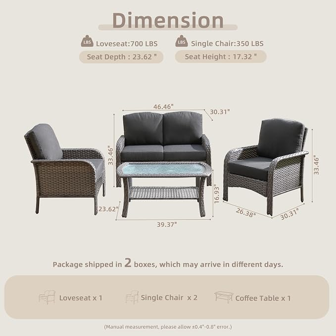 CAODOC 4-Piece Wicker Patio Furniture Set, All-Weather Rattan Conversation Bistro Loveseat Chair and Table Set for Backyard, Balcony and Deck with Soft Cushions and Metal Table(Black)