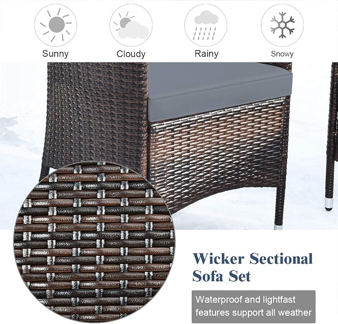 Tangkula 4 PCS Patio Rattan Conversation Set, Outdoor Wicker Furniture Set with Tempered Glass Coffee Table &Thick Cushion, Rattan Chair Wicker Set for Garden, Lawn, Poolside and Backyard (1, Gray)