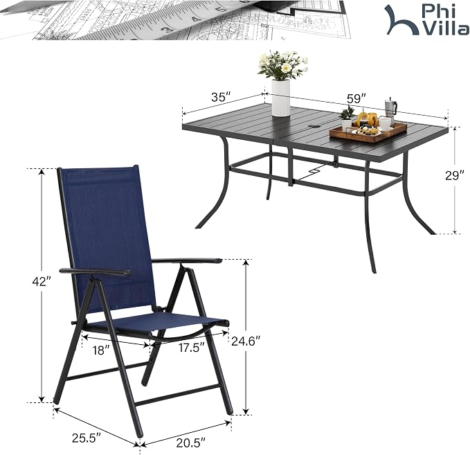 PHI VILLA Patio Dining Set with Outdoor Table and Chairs, Outdoor Dining Table Set for 6 with Adjustable Foldable Patio Chairs & Metal Steel Table for Garden, Blue