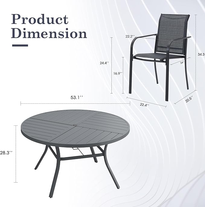 Patio Table and Chairs Sets for 8, Outdoor Dining Set with 8 Stackable Dining Chairs and 54" x 54" Round Thick Slatted Table for Backyard, Deck, Lawn, Garden, Grey & Dark Grey