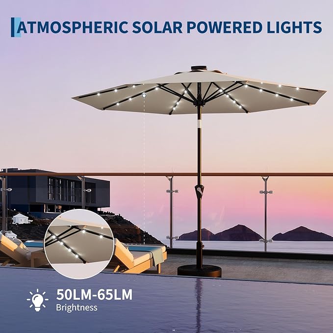 Garvee 10FT Solar Patio Umbrella with 32 LED Lights - Outdoor Table Umbrella with Crank Lift, Push Button Tilt and 8 Sturdy Ribs - Market Umbrella UV Protection for Pool, Deck, Yard, Garden -Beige