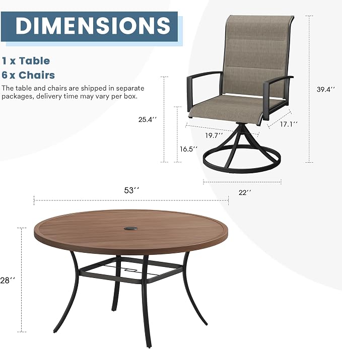 DIFY 7 Piece Outdoor Patio Dining Set for 6, 53" Walnut Round Metal Dining Table and Swivel Patio Chairs with Brown Padded Textilene, All-Weather Outdoor Furniture Set for Garden Backyard Porch