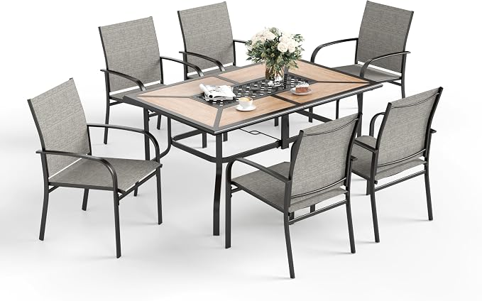 SUNSHINE VALLEY 7 Pcs Patio Dining Set for 6, Metal Rectangular Dining Table (PVC Table Top) with Umbrella Hole and 6 Chairs, Outdoor Dining Set for Lawn Garden Deck, Brown