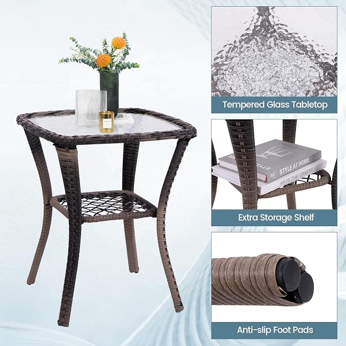 HAPPYGRILL 3 Pieces Outdoor Swivel Rocking Bistro Set with Side Table and Soft Cushions, PE Rattan Patio Furniture Set Glider Rocker Chair Set for Porch, Backyard, Garden and Poolside