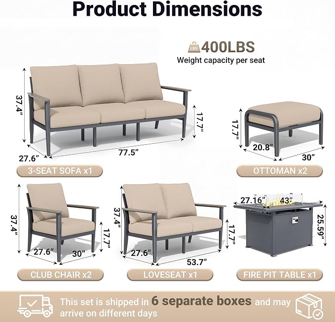 Aluminum Outdoor Patio Furniture Set, 7-Piece Sectional Sofa with 5.1" Thick Cushions, Ottomans, 55,000 BTU Propane Fire Pit Table, Outdoor Couch for Backyard, Deck, Khaki