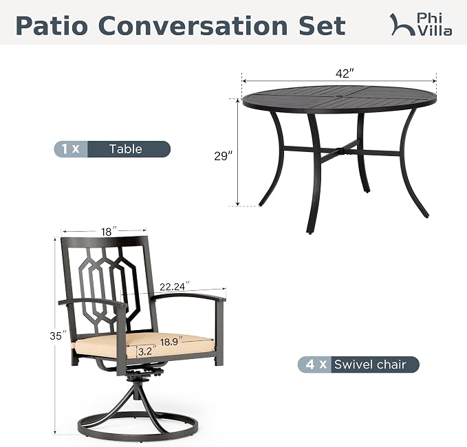 PHI VILLA Patio Dining Set, Swivel Chairs&Round Steel Table | Swivel Metal Steel Chairs with Cushions, Large Modern Furniture for Patio, Deck, Backyard, Porch