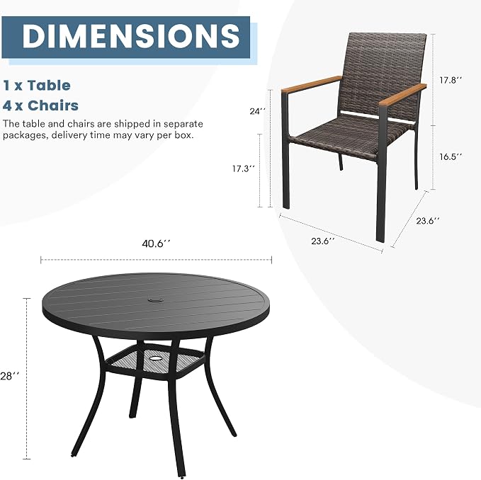 DIFY 5 Piece Patio Dining Set, Metal Outdoor Table and Chairs Set for 4, 40.6" Round Black Dining Table with Umbrella Hole & Wicker Stackable Patio Chairs, Patio Furniture Set for Garden Backyard